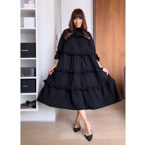 Marielle Almelo “Lauren” Black Cotton Tiered Long Sleeve Ruffle Midi Dress